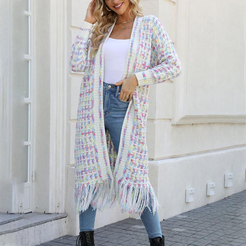 Women’s Elegant Knitted Cardigan Shawl with Tassel Hemline-6